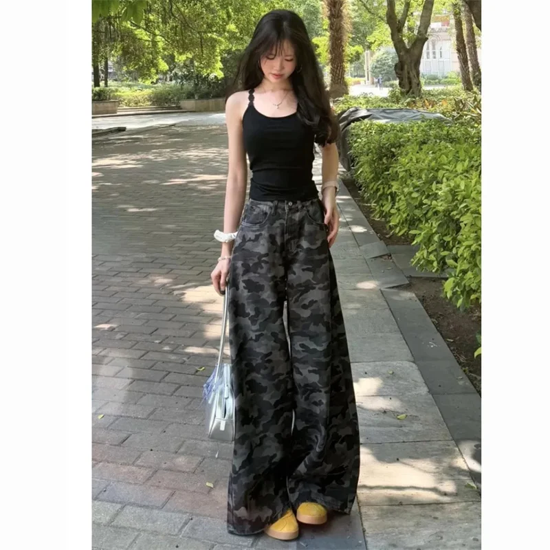 

American Women Casual Loose Cowboy Trousers Retro Female Camouflage Jeans Spring Summer Ladies High Waist Wide Leg Denim Pants