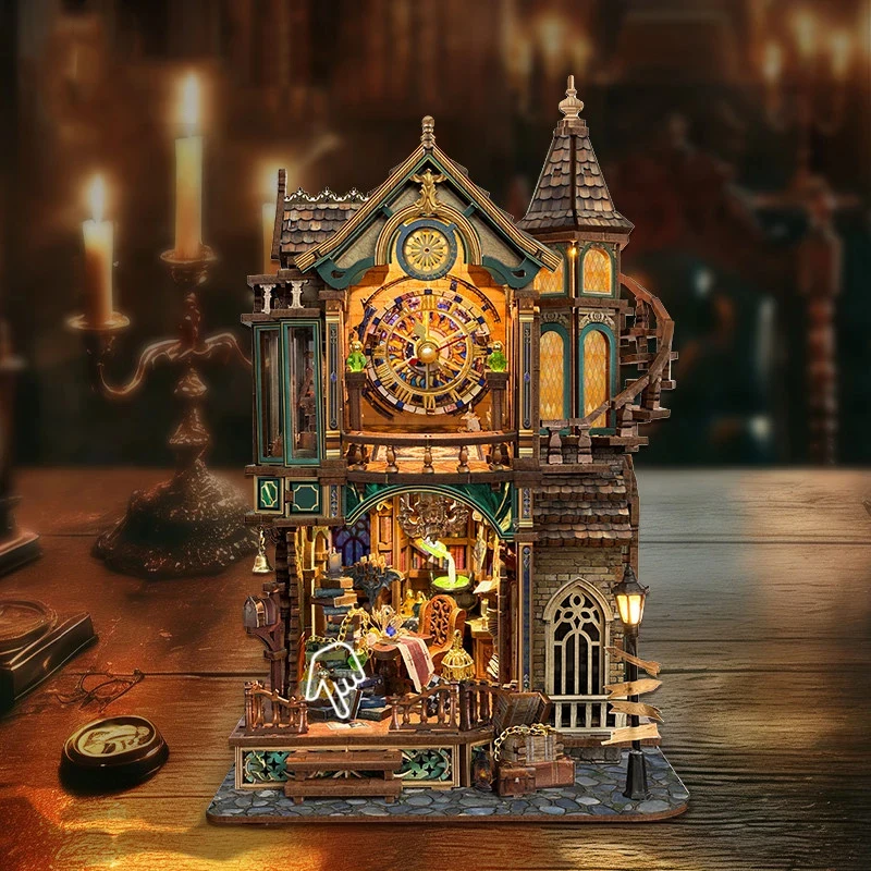

DIY Wooden Magic Clock Tower Cottage Miniature Model Kits With Furniture Lights Dollhouse for Friends Birthday Gifts