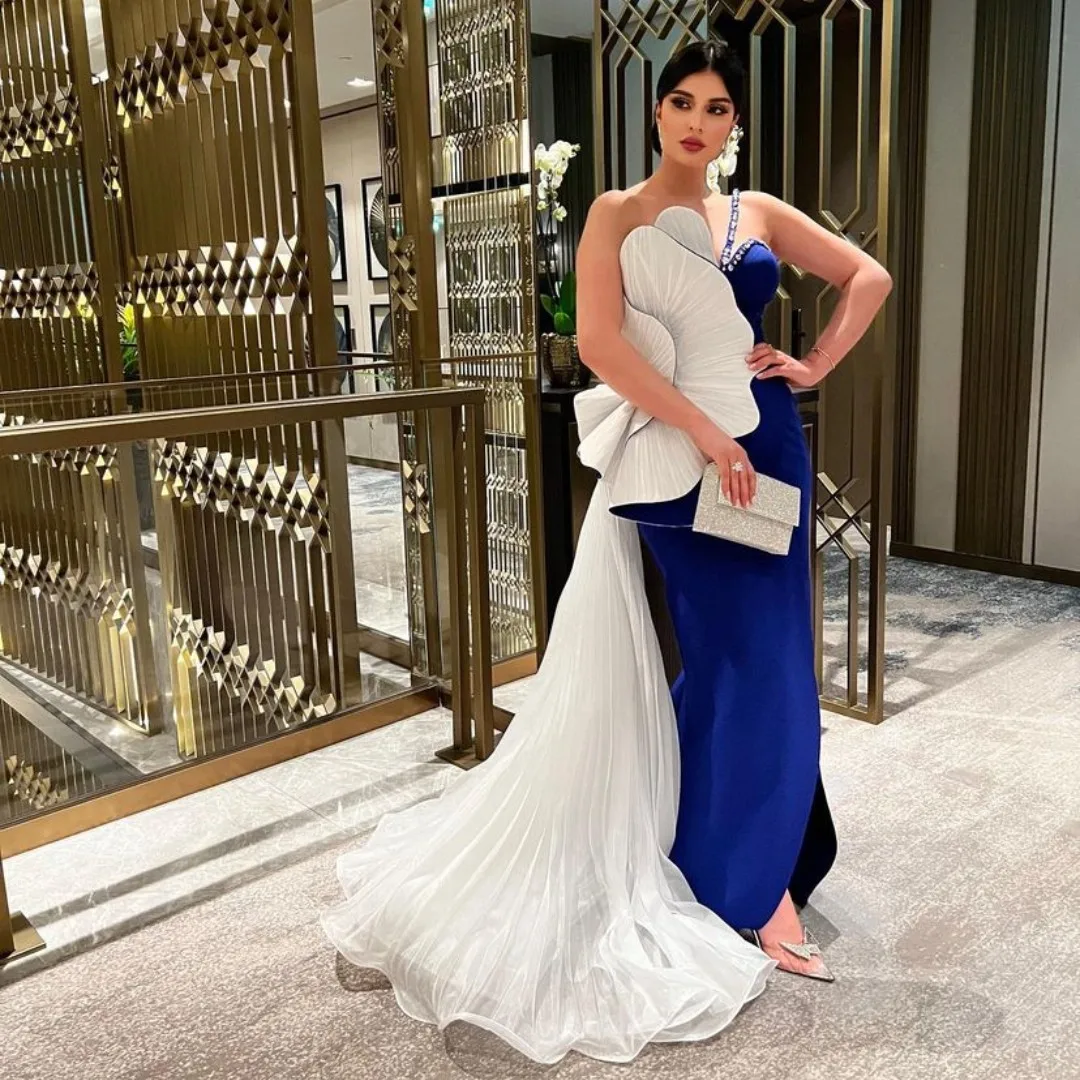 

Платья для выпускного вечера Цветок ручной работы VD Королевский синий с разрезом по бокам Длинный тюль со шлейфом Вечерняя вечеринка Саудовская Аравия Женщины носят торжественное платье