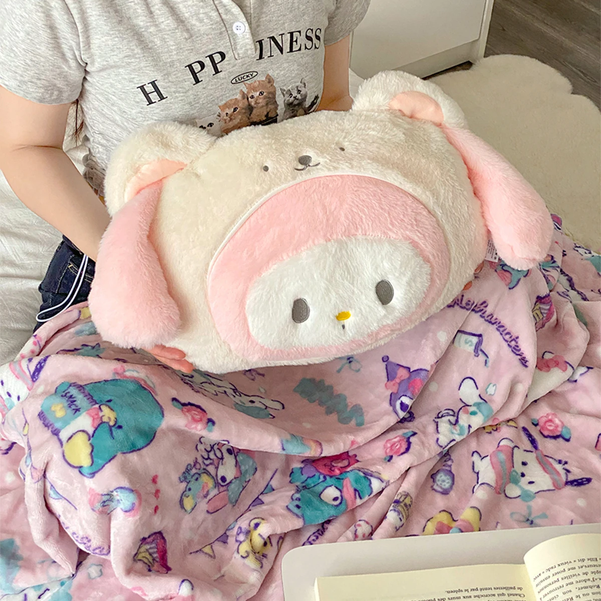 Sanrio My Melody Pochacco se convierte en Oso Blanco de peluche, cómoda manta de almohada de Anime, cojín trasero, regalos de navidad