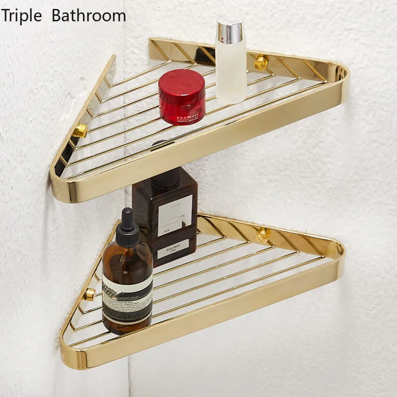 Restroom Brass Shower Shelf Punch-free Bathroom Wash Supplies Cosmetics Triangle Storage Holder Kitchen Wall Storage Rack