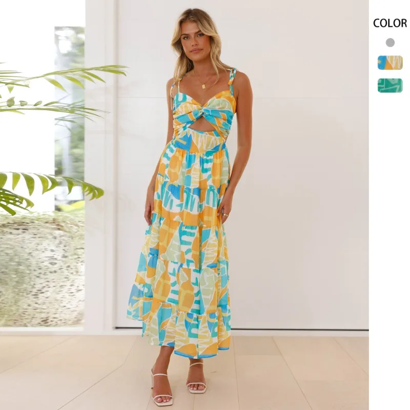 Strandjurk voor dames, sexy maxi-jurk zonder rug, vakantie-halter-zonnejurk met hoge split en bloemenprint, Boho-feestjurk aan zee