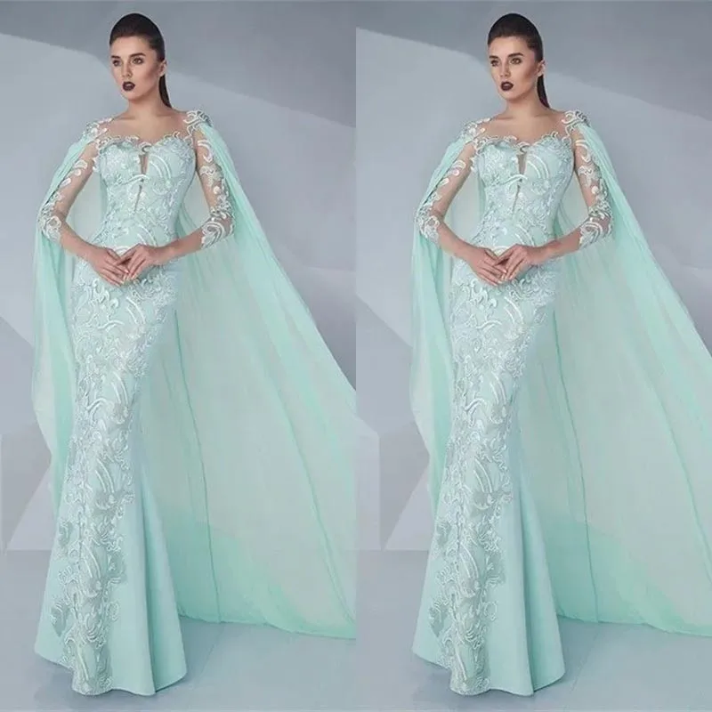 

Mint Green Mermaid 3/4 Long Sleeves Lace Appliqued Wedding Guest Evening Cocktail Prom Dresses for Bride Special Occasion