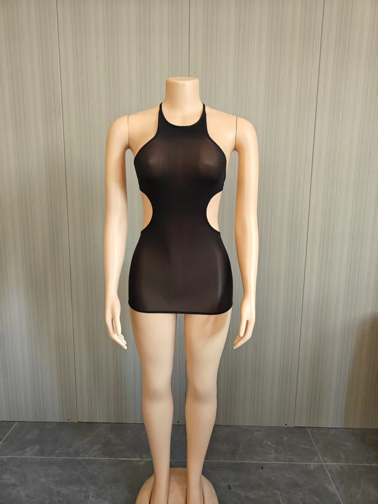 Sexy Neckholder-Minikleid aus Mesh für Damen, seitlich ausgeschnitten, durchsichtig, figurbetont, dehnbar, kurzes Kleid für Nachtclubs, Partys und Ausgehzwecke. – Detail 7