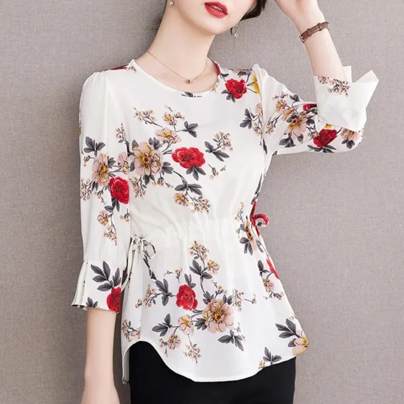 

Women's Spring Summer Pullover Chiffon Long Sleeve Bandage Plant&Flowers Printing Shirring Round Neck T-shirt Commute Tops