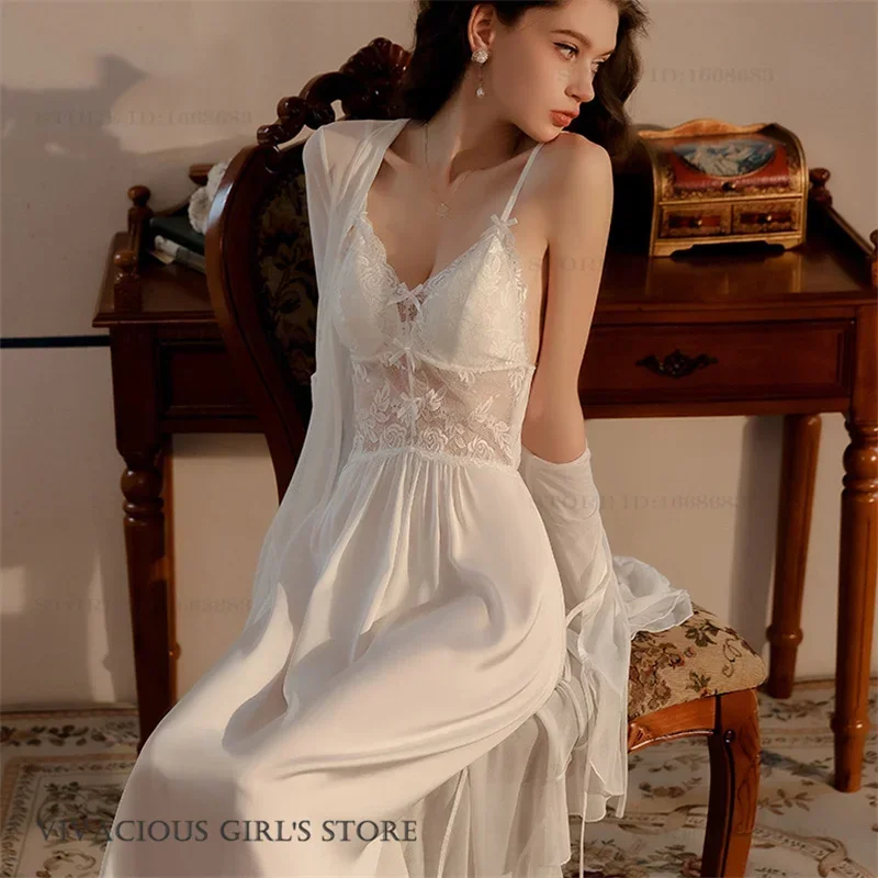 

Sexy Long Robe Nightgown Two-Piece Set Spring Summer New Women's Sleepwear Home Clothes Loose Satin Bathrobe Gown Loungewear