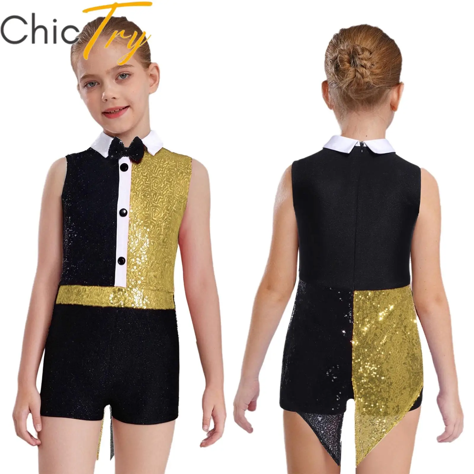 

Kids Girls Circus Magician Costume Shiny Sequins Cosplay Leotard Bow Tie Jumpsuit for Halloween Carnival Themed Party Dress Up