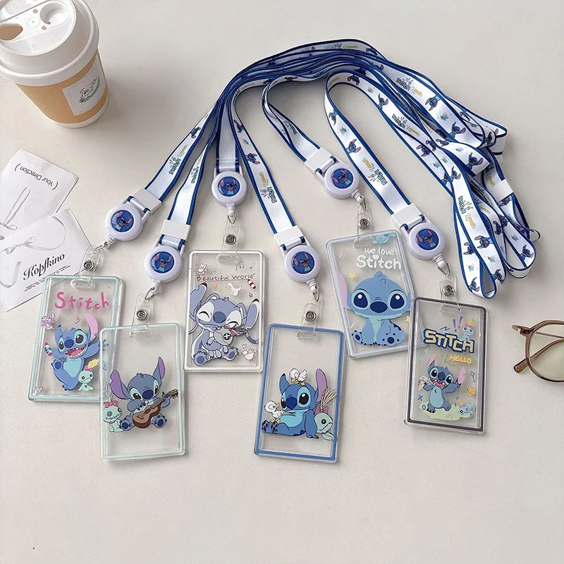Disney Stitch Card Holder Creativity Transparent Acrylic Scalable Card Holder Lanyard Student Bus Card Protective Case Girl Gift