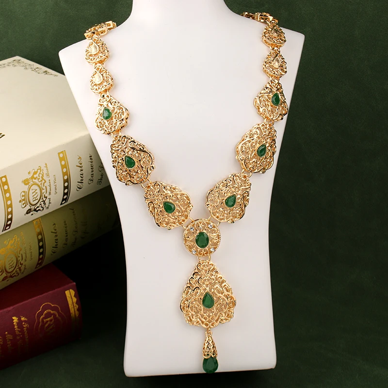 Herseygold Moroccan Trendy Neckace Set for Women Green Rhinestone Gold Plated  Zinc Alloy Bridal Jewelry Set Ethnic Wedding