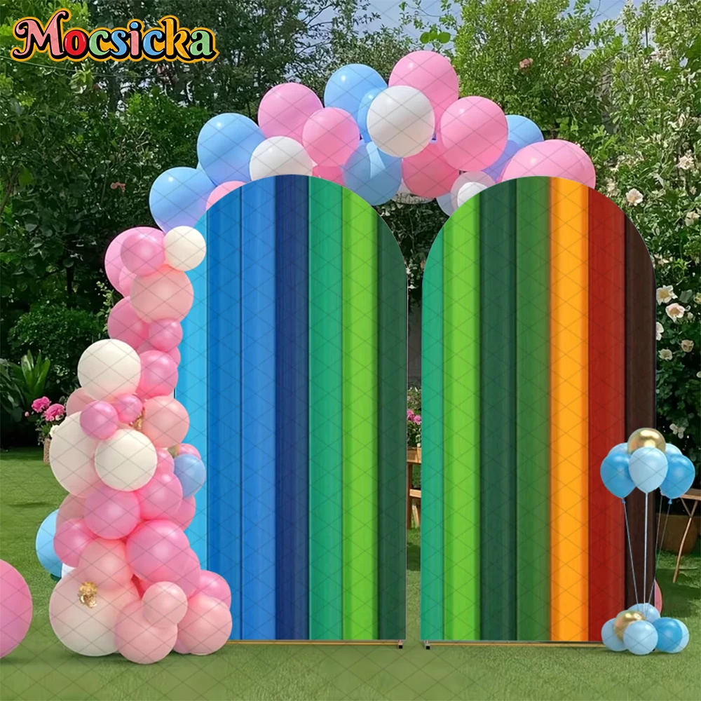 

Mocsicka Birthday Arch Covers Backdrop Double-Faced Wedding Arched Background Color Pink Brown Blue Red Green Stripe Decorations