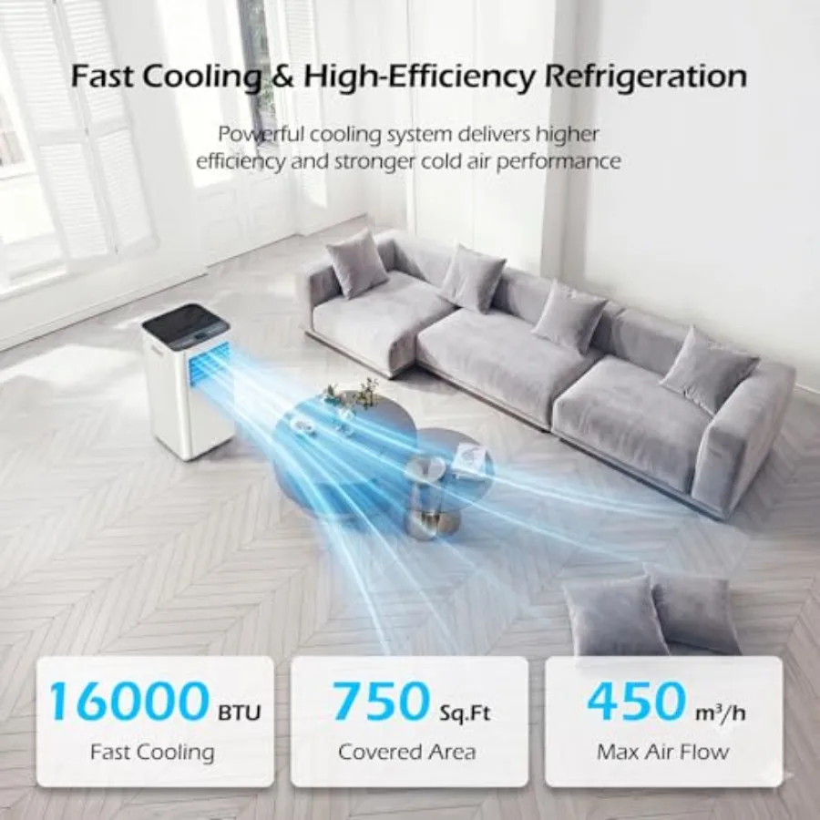 Portable air conditioner for home and office use, aluminum housing, white, 16000 BTU cooling capacity with WiFi app control, 5-