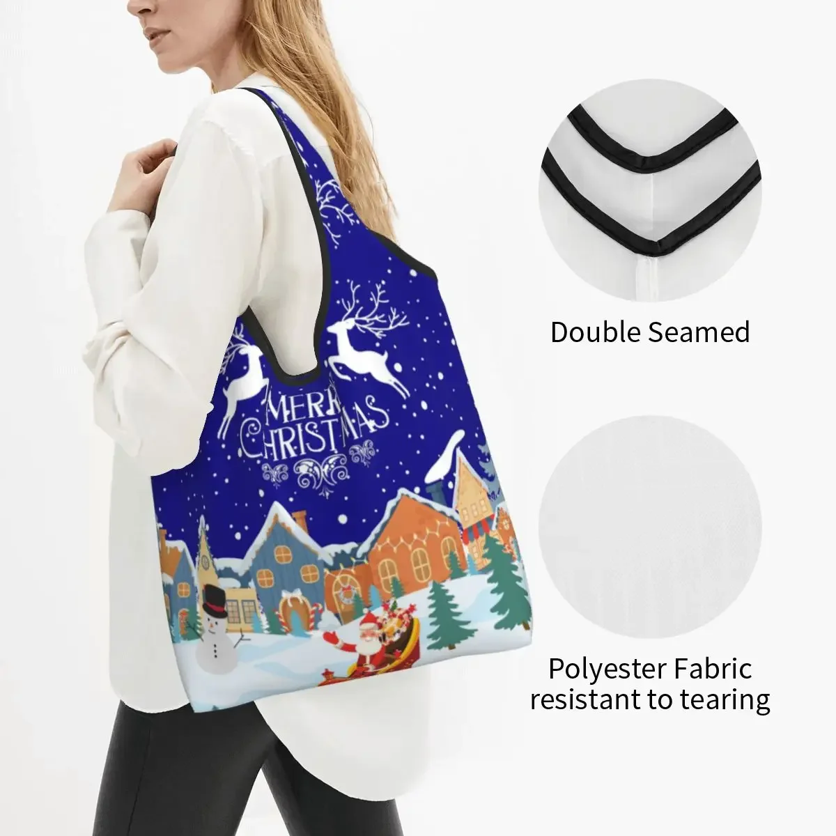 Recycling Christmas Snowman Shopping Bag Women Tote Bag Portable New Year Gnome Groceries Shopper Bags