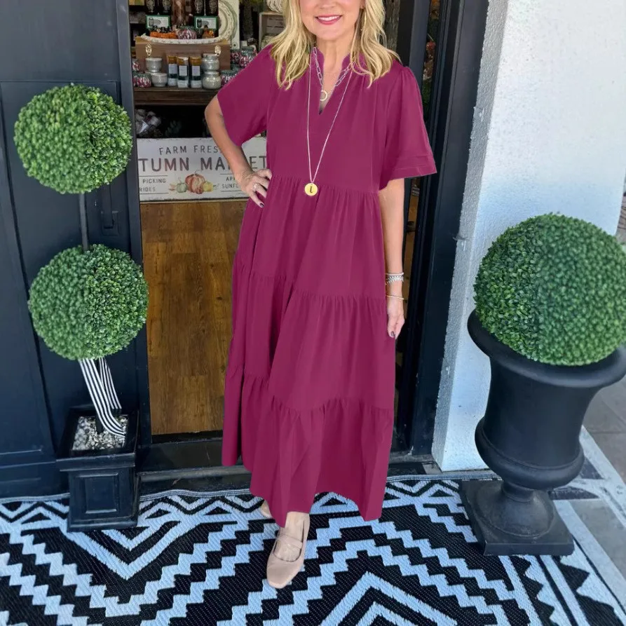 

Плюс размер Новое женское модное многослойное платье средней длины с v-образным вырезом и карманамиЖенское однотонное свободное женское повседневное платье с короткими рукавами