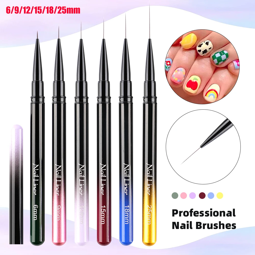 

Sweet-Z 6Pcs Nail Art Liner Brushes Black Color Gradient Metal Hand Painted Brush Acrylic UV Gel Builder Drawing DIY Manicure