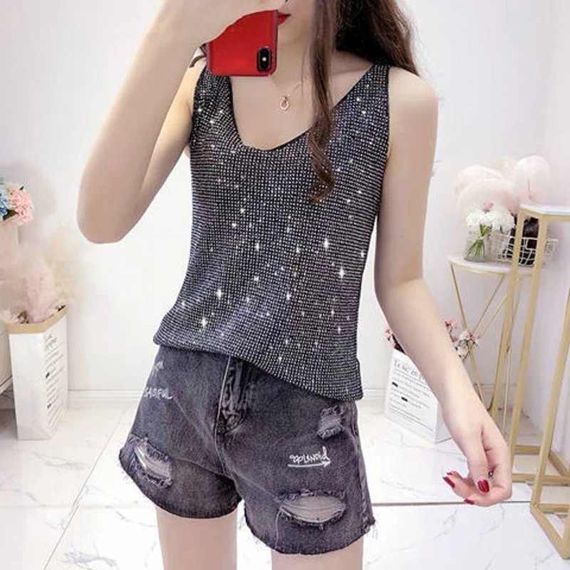 Camisola de seda de hielo tejida con diamantes de imitación para mujer, camisa Base interior holgada, ropa exterior, novedad de verano 2025