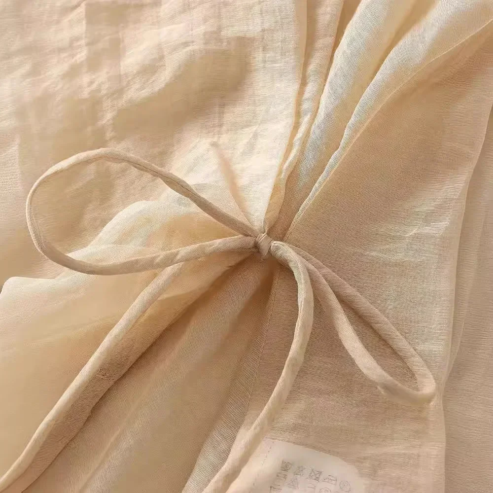 ผ้าฝ้ายผ้าลินินผูกโบว์เสื้อลําลองผู้หญิงแฟชั่นแขนยาว V คอเสื้อหลวม 2024 ฤดูร้อนใหม่หญิง Vocation Street TOP