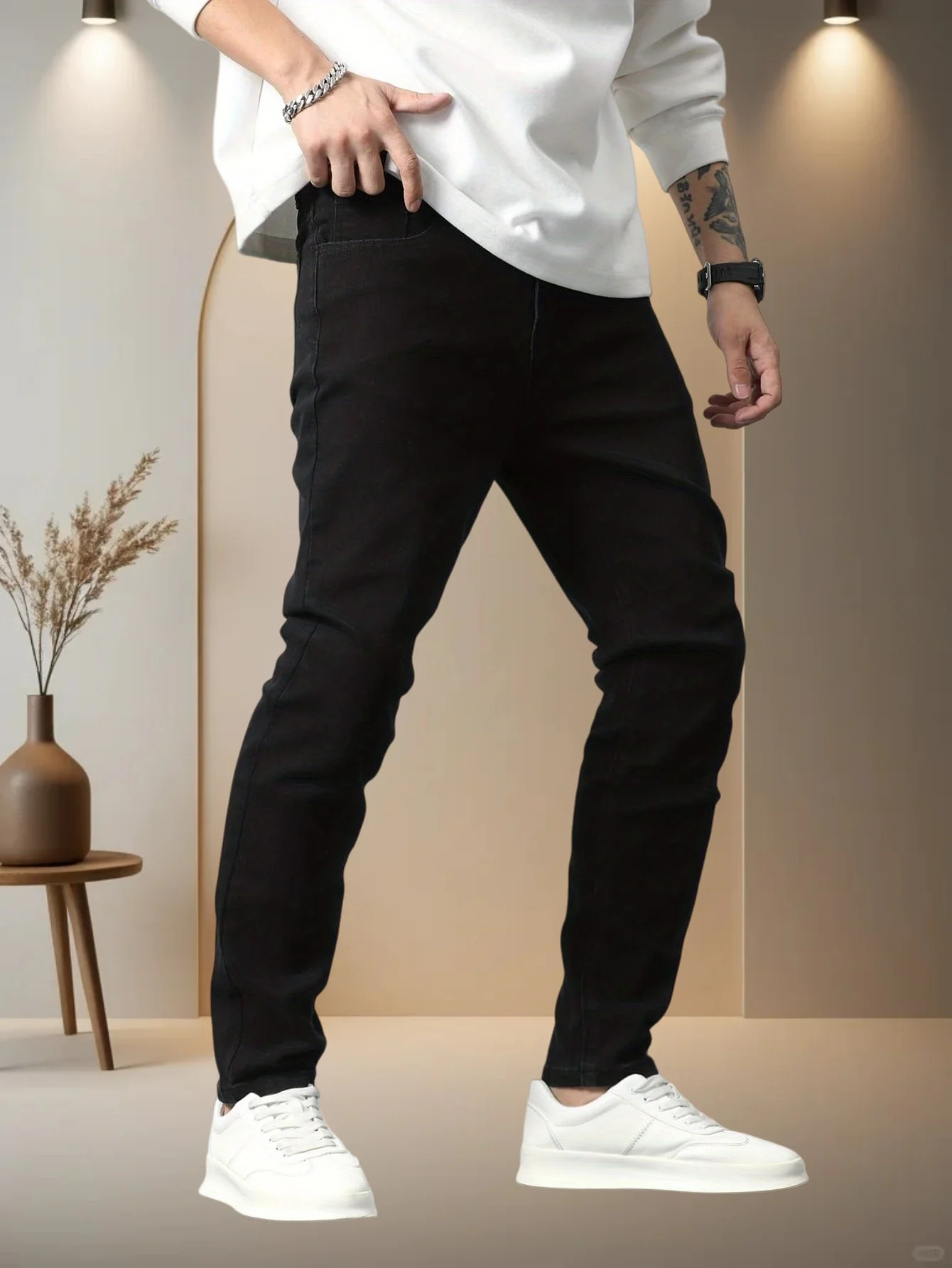 

Men Cotton Slant Pocket Skinny Jeans Plain Slim Fit Dark Jeans Long Plain Black Washed Cargo Jeans