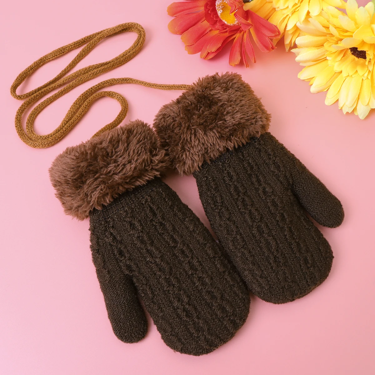 

Kids Winter Warm Knitted Gloves Double Layer Hanging Design Full Finger Protection For Cold Weather Easy Wear 1-4 Years Coffee
