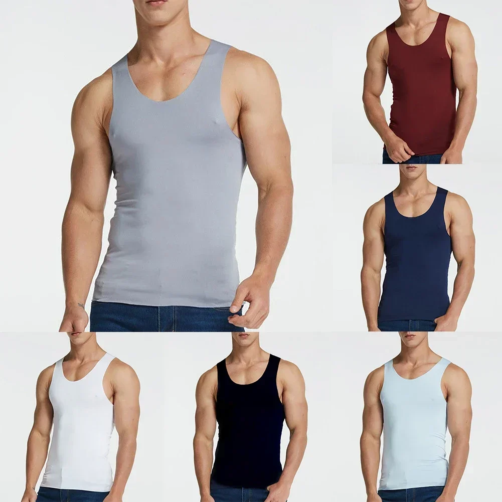 High Elastic Men\'s Sleeveless Vest Seamless Ice Silk Top For Sports And Leisure White/Black/Navy Blue/Claret/Gray/Water Blue