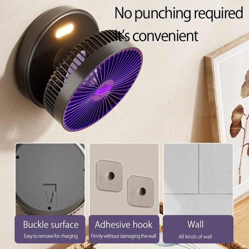 2024 New Style Small Portable Fan Rechargeable Wall Mounted Fan 90° Foldable Desktop Fan 4 Gears With Warm Night Light image 5