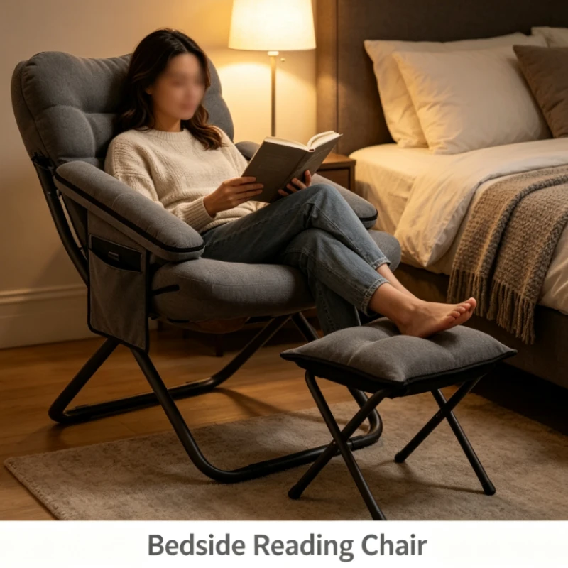 Folding Recliner Chair With Armrests And Footstool For Bedroom Or Home Office Use