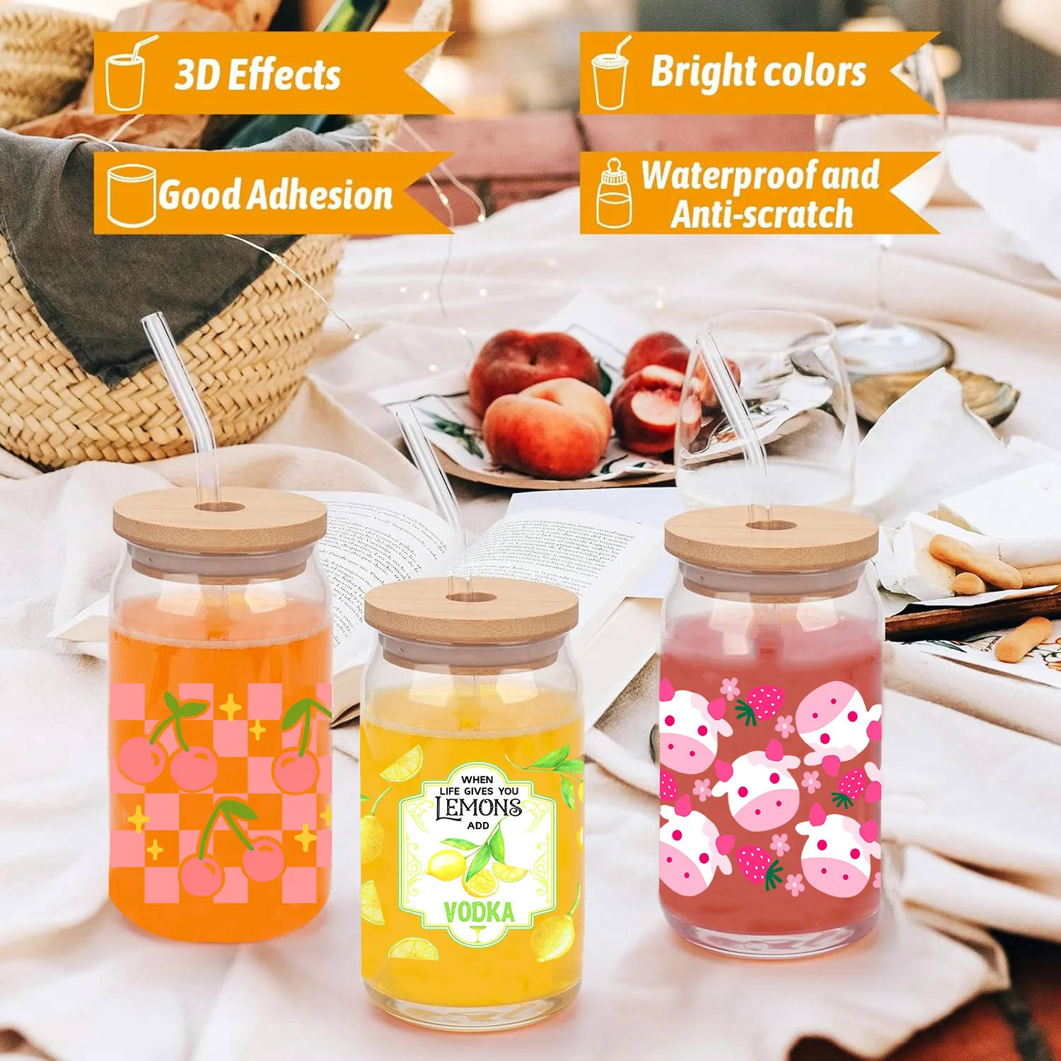 Fruit series Easy peel waterproof DIY Decals 3D transfers uvdtf crystal stickers 16oz uv dtf cup wraps for Glasses