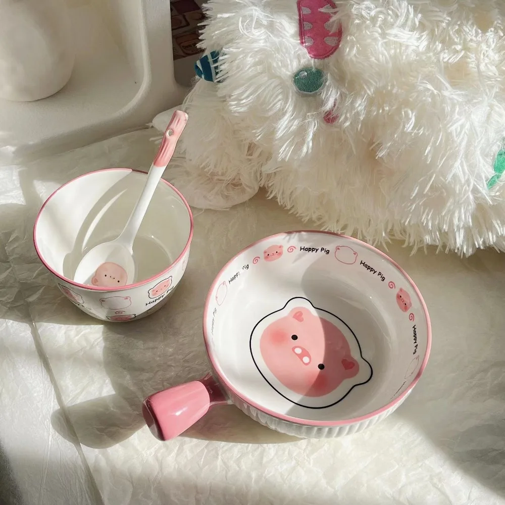 Cartoon Cute Pig Dish Set,Household High-value Ceramic Rice Bowl Plate,New Handle Instant Noodle Bowls Tableware Dinner Plates