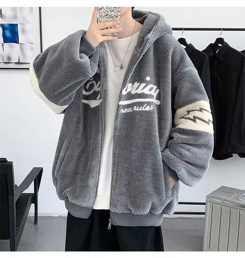 

Autumn Winter Men's Jacket Trendy Youth Fleece Lined Cotton Coat Oversize Lamb Fur Hooded Jacket Loose Fit