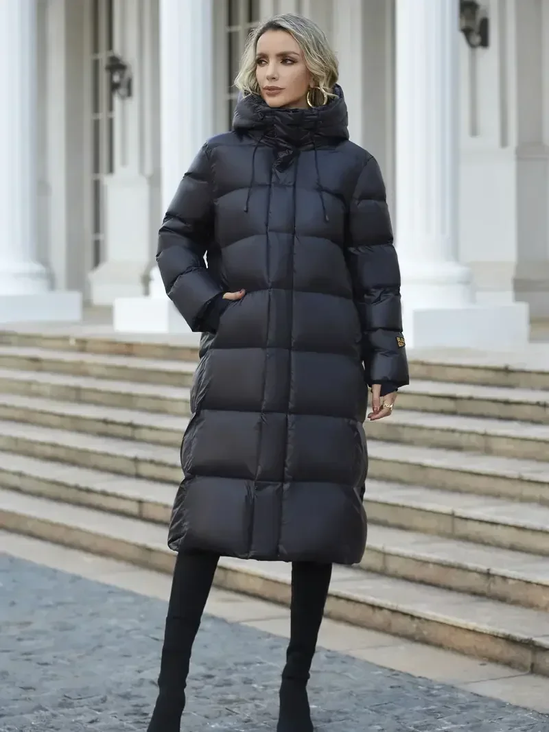 Doudoune longue à capuche pour femme, manteau en coton noir, streetwear chaud, vêtements d'extérieur en plumes, garder l'épaississement, femme, hiver, mode, 2024