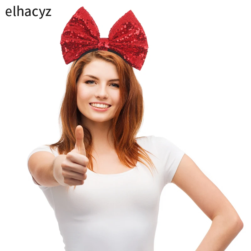 Große 7'' rote Schleife Stirnband Glitzer Pailletten Schleife Haarband für Mädchen Frauen Prinzessin Kopfbedeckung Frauen Party Kopf Hoop Kinder Geschenk – Detail 7