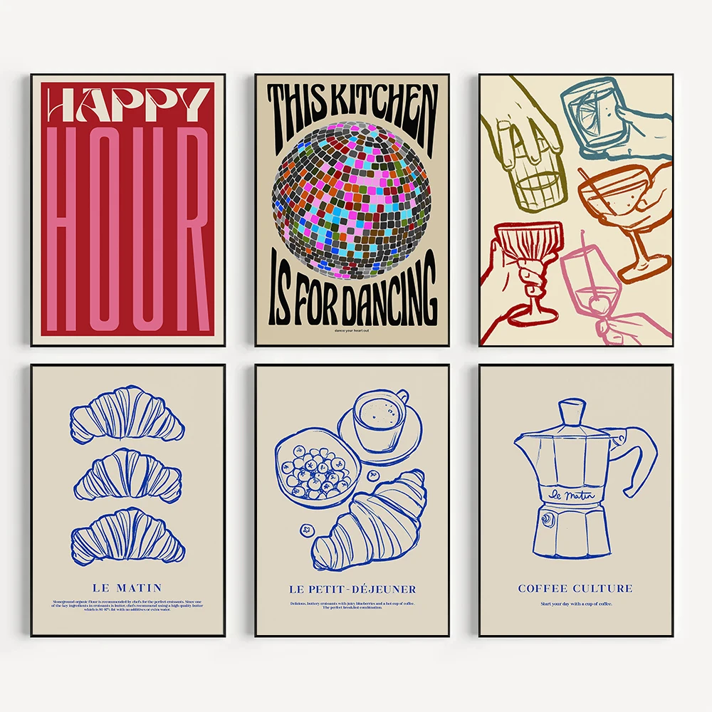 Retro esta cocina es para bailar, citas, bola de discoteca, Croissant, póster, lienzo, pintura, cuadros de pared, decoración del hogar, Bar y Club