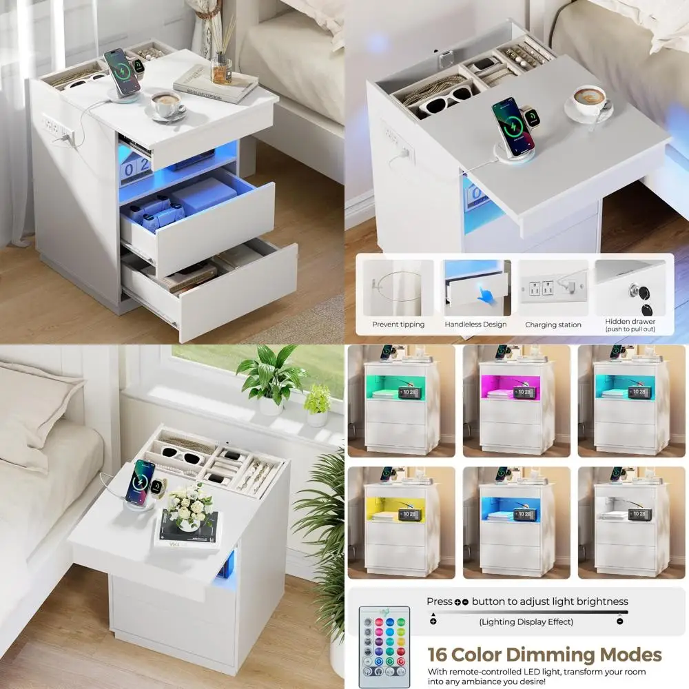 Moderner, abschließbarer Nachttisch mit verstecktem Fach, USB/Typ-C-Ladestation, LED-Leuchten und Waffenspeicher