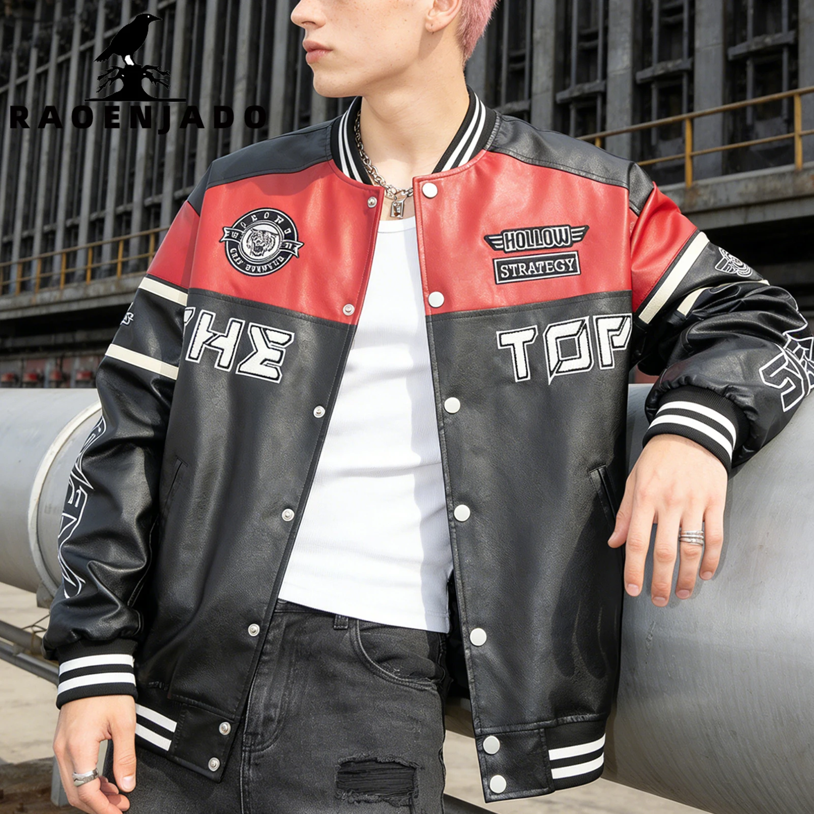 Men’s PU Leather Jacket Vintage Letterman Varsity Coat Motorcycle Bomber Outerwear Casual Colorblock Streetwear for Daily Wear