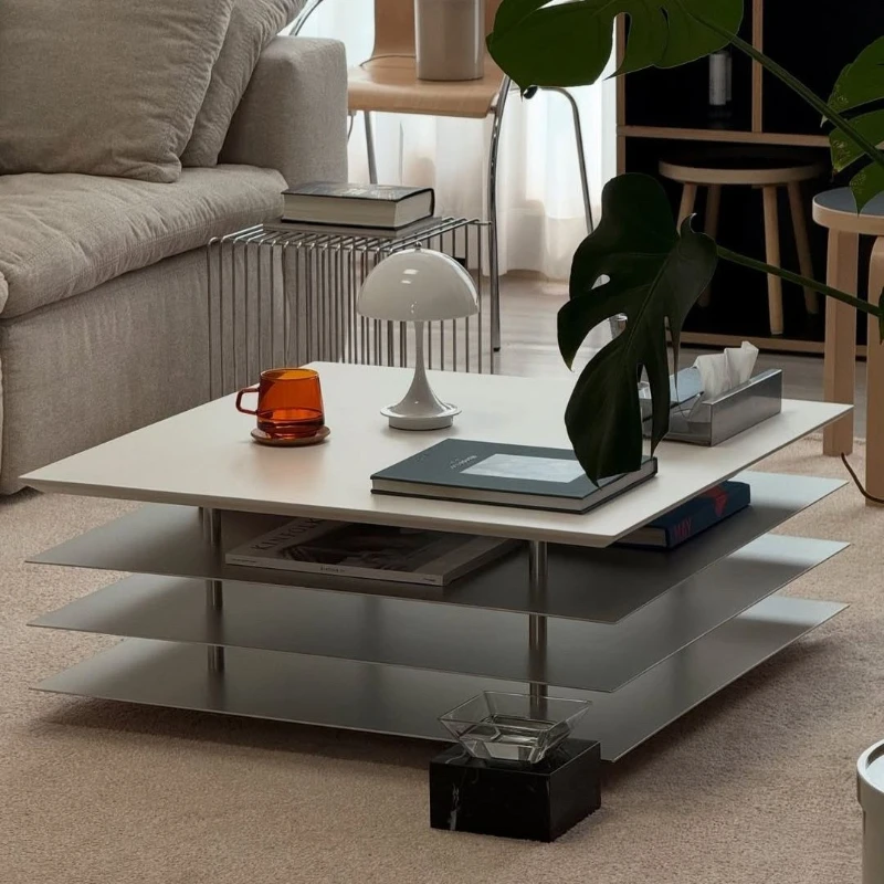 High-end metal vintage silver white multi-layer square side table combination, simple home living room coffee table