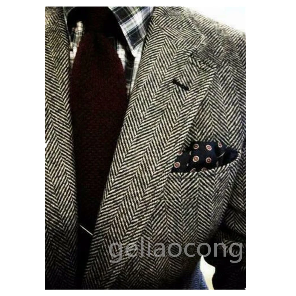 Grey Herringbone Blazer for Men with Notch Lapel Single Breasted Dinner Prom Jacket Elegant Wedding/Business Suit One Coat