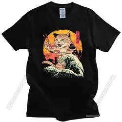 Brand New T Shirt Men Cotton Neko Sushi Wave T-Shirts Fashion Japan Retrowave Feline Cat Graphic Tees Summer Merchandise