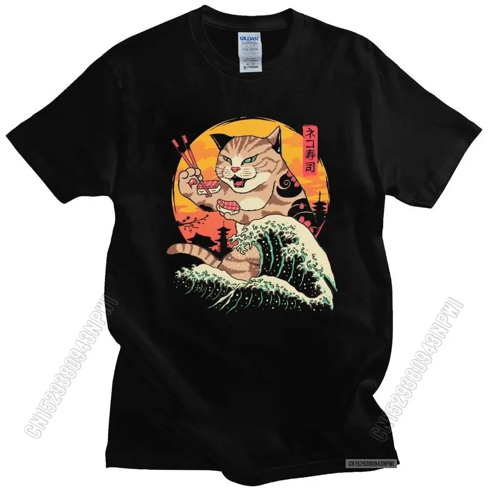 Brand New T Shirt Men Cotton Neko Sushi Wave T-Shirts Fashion Japan Retrowave Feline Cat Graphic Tees Summer Merchandise