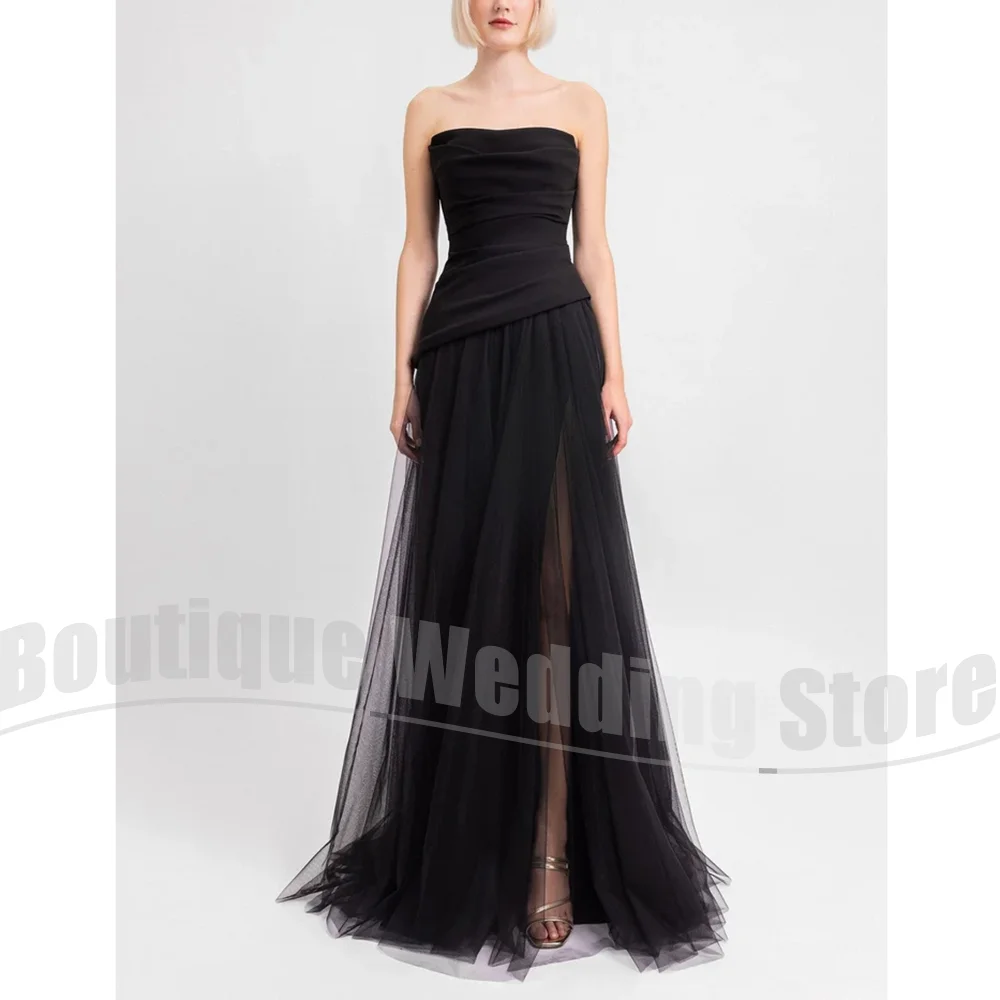 

Black Prom Dresses for Women Chic Strapless A-Line Long Customized Party Gowns Fashion Floor Length Side Slit Evening Dresses