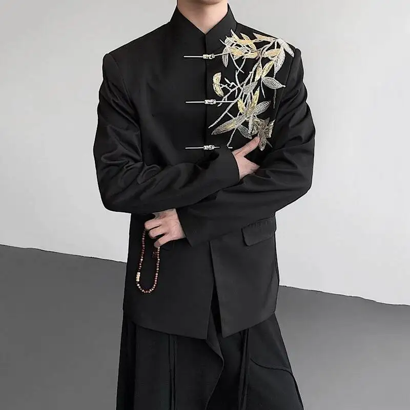 Sequin Bamboo Embroidery Men's Jackets Suit Stand Collar Contrast Color Single Breasted Loose Fashiom Male Blazers VFR56