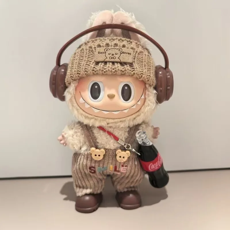 17cm Labubu 의류 마카롱 세트 어깨 끈 바지 모자 헤드폰 신발 음료 3.0 Labubu 의류 인형 액세서리 선물