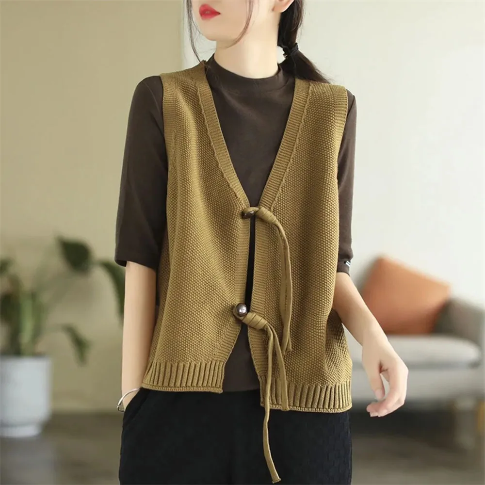 

New Spring Autumn National Style Women's V-Neck Knitting Vest Jacket Sleeveless Korean Version Ladies Cardigan Sweater Waistcoat