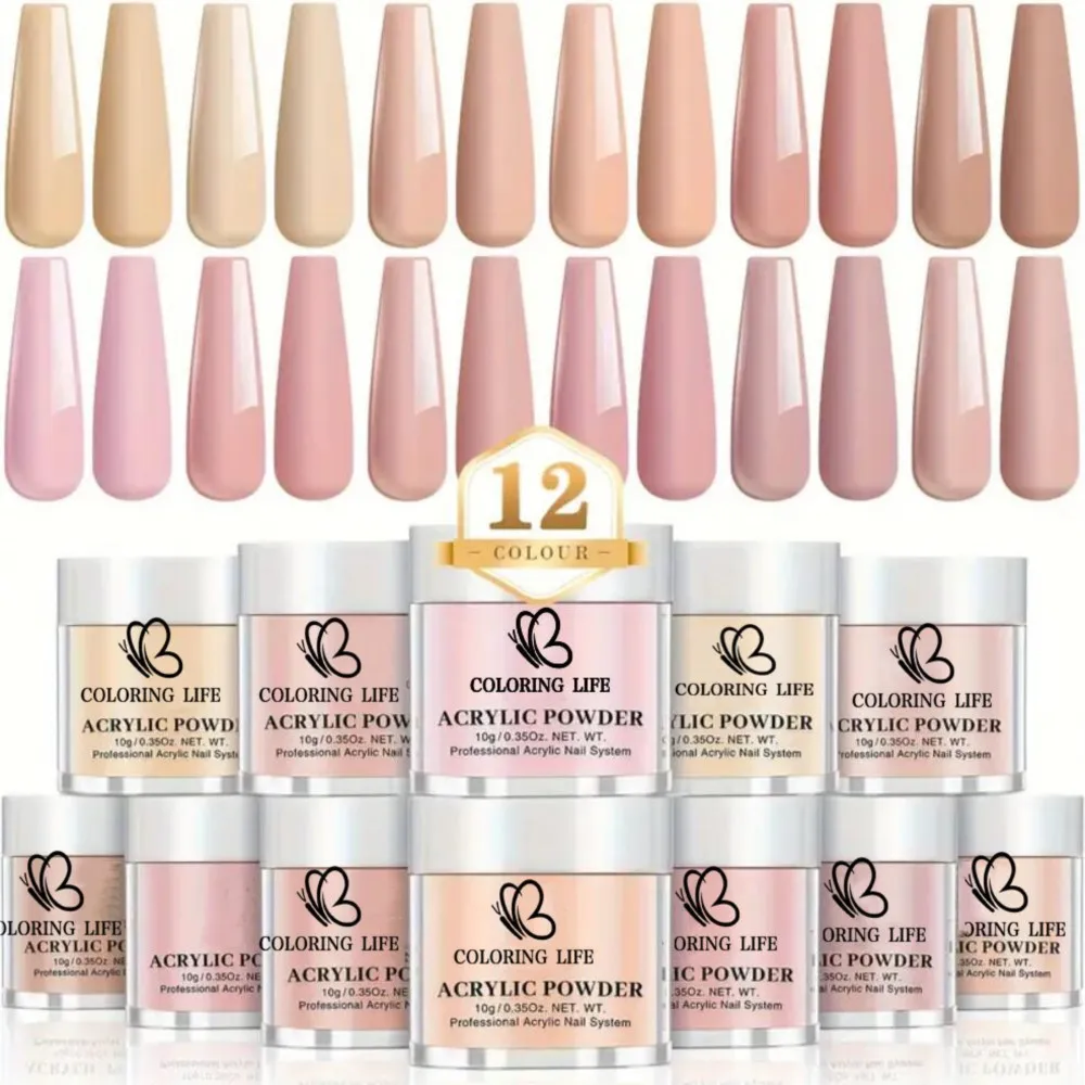 Conjunto de pó acrílico de 8/12 cores, pó de cristal para arte em unhas, tons nus e pastel, perfeito para faça você mesmo, salão de beleza, mergulho/escultura/extensão