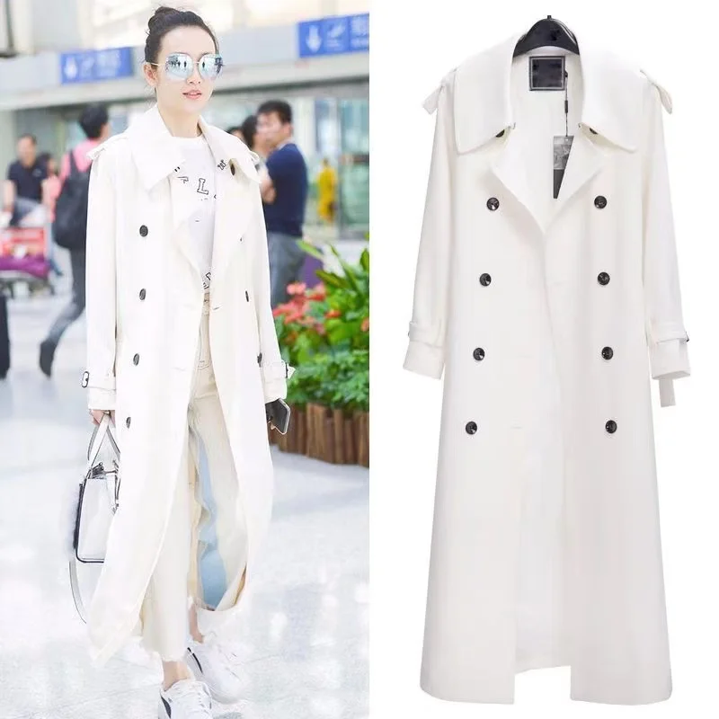 Long White Trench Coat Women\'s 2024 New Spring Autumn Fashion Double-breasted Slim Long Sleeve Windbreaker Female Outerwear