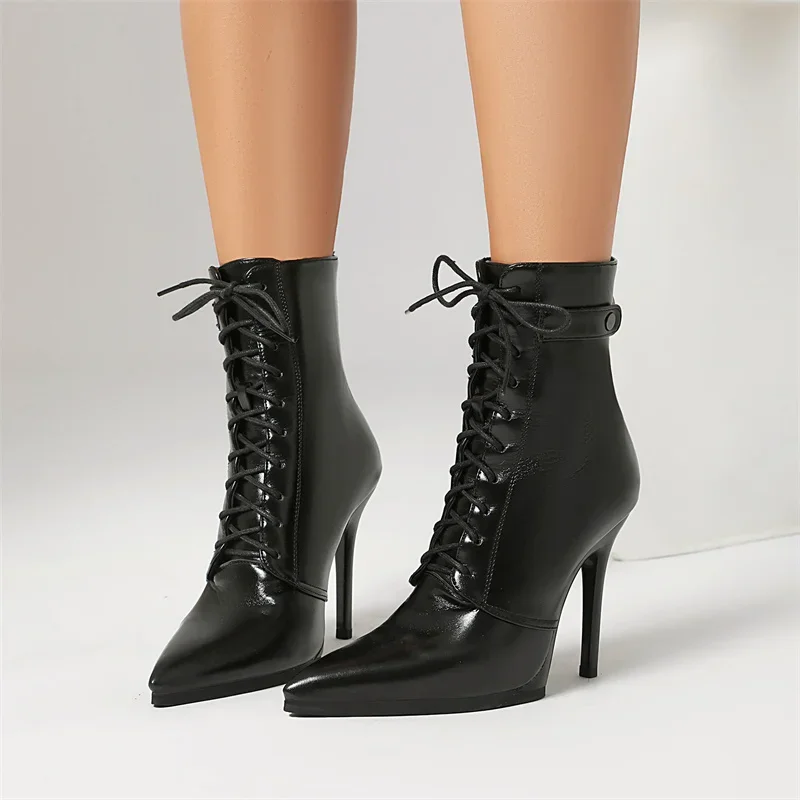 

YMECHIC 2026 Autumn Winter Ladies Ankle Boots Sexy Pointed Toe Pole Dance High Heels Pumps Fashion Zip Lace-Up Women Shoes Black