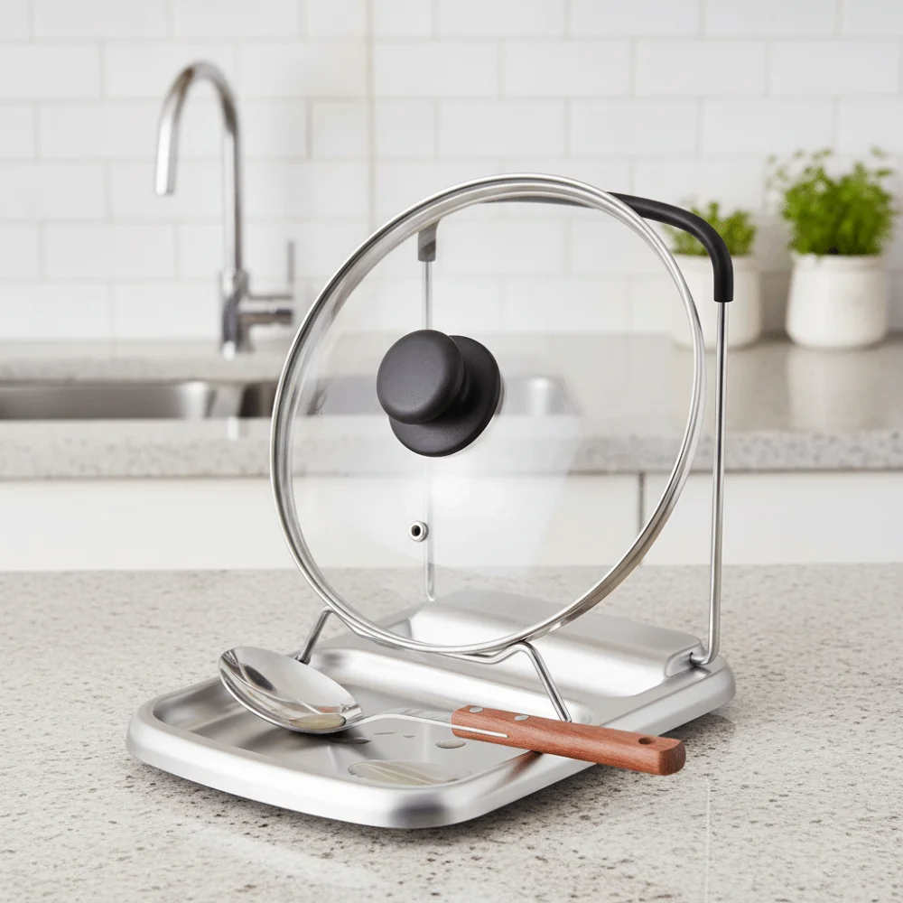 304 Stainless Steel Pot Lid Shovel Storage Rack Deepened Groove Design Space-saving Kitchen Utensil Rest Non-slip Rust-proof