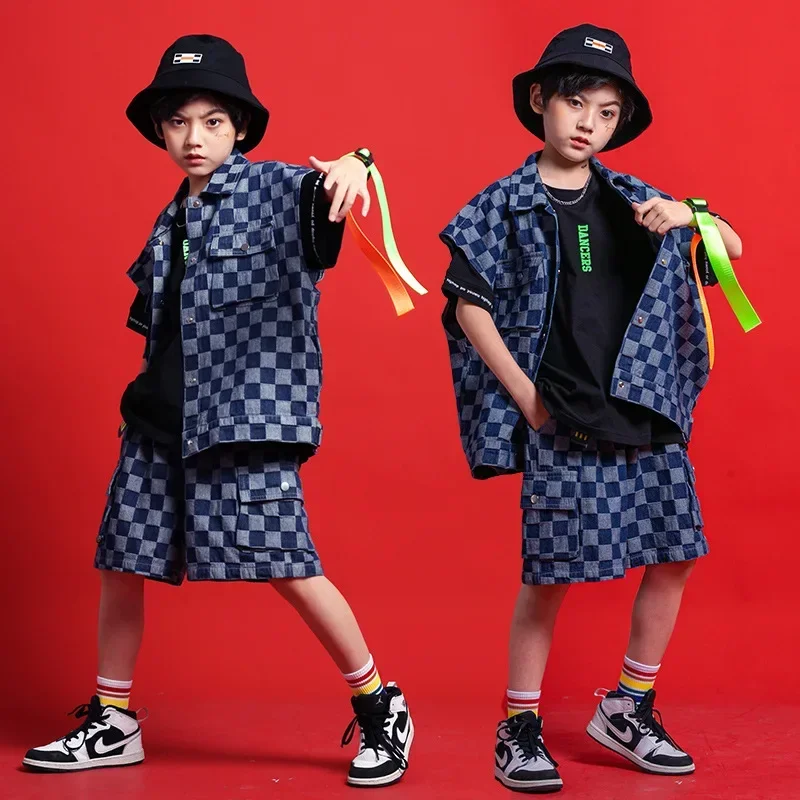 Checkerboard Denim Suit Hip-Hop Street Dance Clothes Ballroom Dancing Clothes Stage Outfits Boy Girls Jazz Dance Costumes