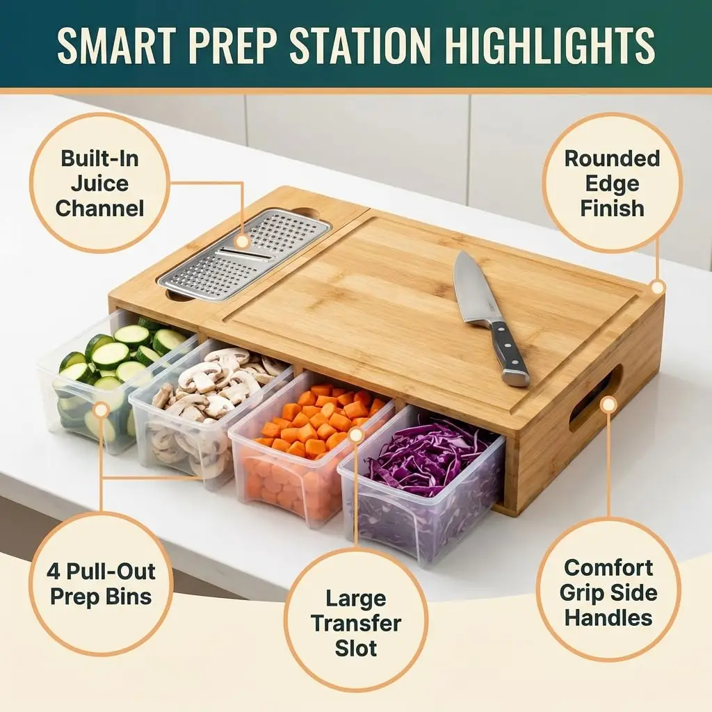

Large Bamboo Chopping Board Featuring Trays Juice Grooves And Non-Slip Handles for Food Preparation Storage And Transport