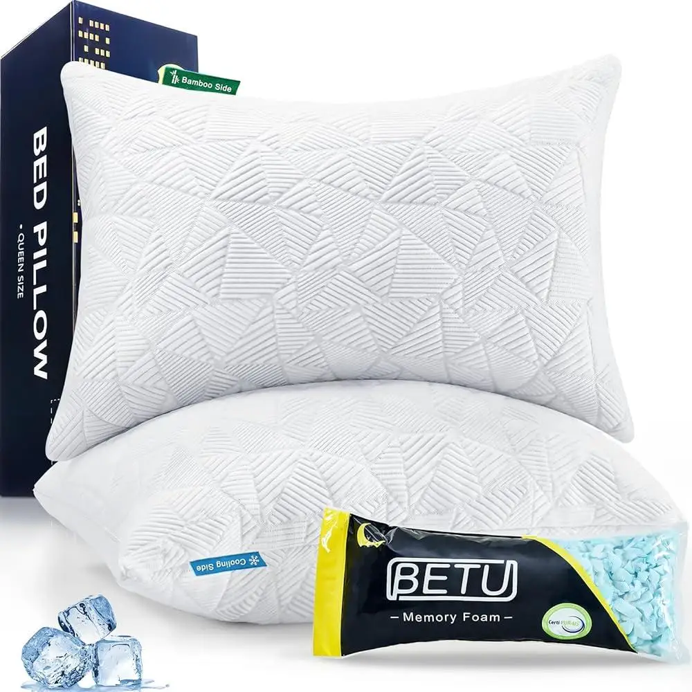 Cooling Pillows Set of 2 Shredded Memory Foam Adjustable Soft Firm Support Breathable Sleep Aids Hot Sleepers Relaxation