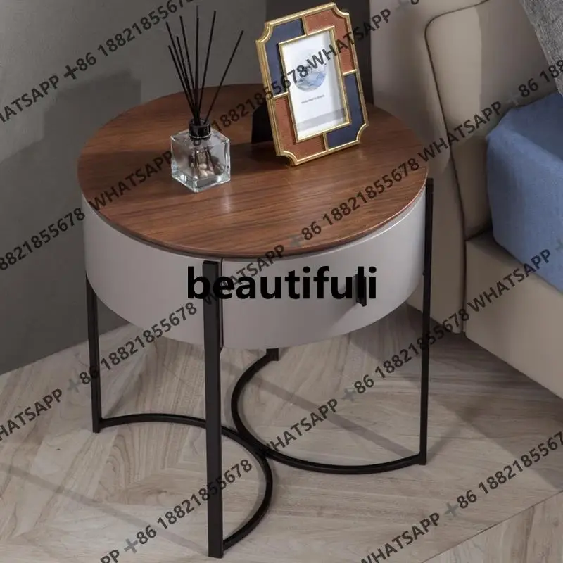 

Italian solid wood bedside table walnut painted bedside table round simple light luxury sofa