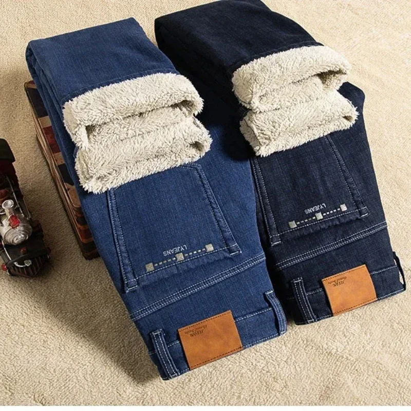 

2026 New In Fleece Jeans Thick Warm New Winter Men's Pants Loose Straight Stretch Cashmere Trousers Denim Multiply Plus Size